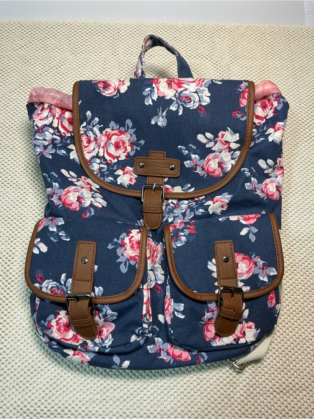 Candie’s Floral Canvas Backpack Navy Pink Roses Brown Trim Y2K